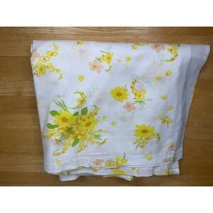 Vintage 70s Floral Flat Sheet Yellow Daisy Peach Flower Retro White Cotton Blend
